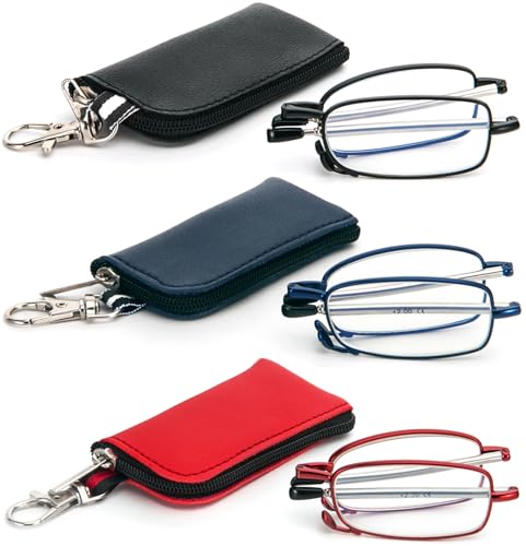 3 Pack Folding Reading Glasses with Keychain Compact Bags Women Men Blue Light Blocking Spring Hinge Portable Pocket ReadersBlack Blue and Red 05