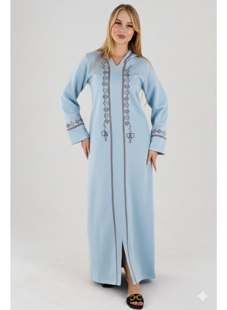 Women's Winter Hooded Abaya in Premium Milton Fabric - Embroidered Casual Kaftan with Long Sleeves