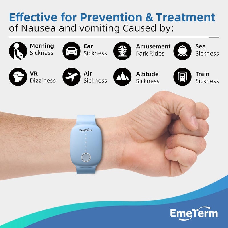 EmeTerm أداة تحفيز كهربائية معتمدة من إدارة الغذاء والدواء لتخفيف الغثيان - مناسبة للغثيان الصباحي ودوار السفر - أساور قابلة لإعادة الشحن بدون جل خالية من الأدوية وبدون آثار جانبية - Image 2