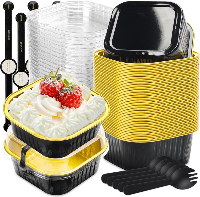 LOKQING 50 Pack Mini Cake Pans with Lids and Spoons Small Aluminum Foil Pans Square Baking Cups Disposable Ramekins Cupcake Liners for Brownie Pie (Black Gold, 10 oz) - Image 1