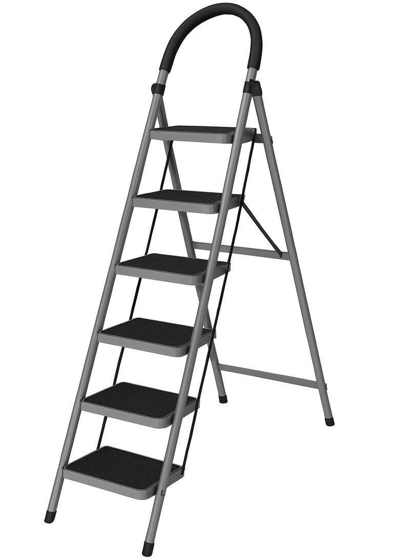 القادة سلم معدني قابل للطي، مكون من 6 درجات، رمادي، 187×44 سم، دواسات عريضة مضادة للانزلاق، قفل أمان، صينية أدوات، سلم طويل متعدد الاستخدامات للاستخدام المنزلي أو المطبخ أو المرآب أو المستودع - Image 1