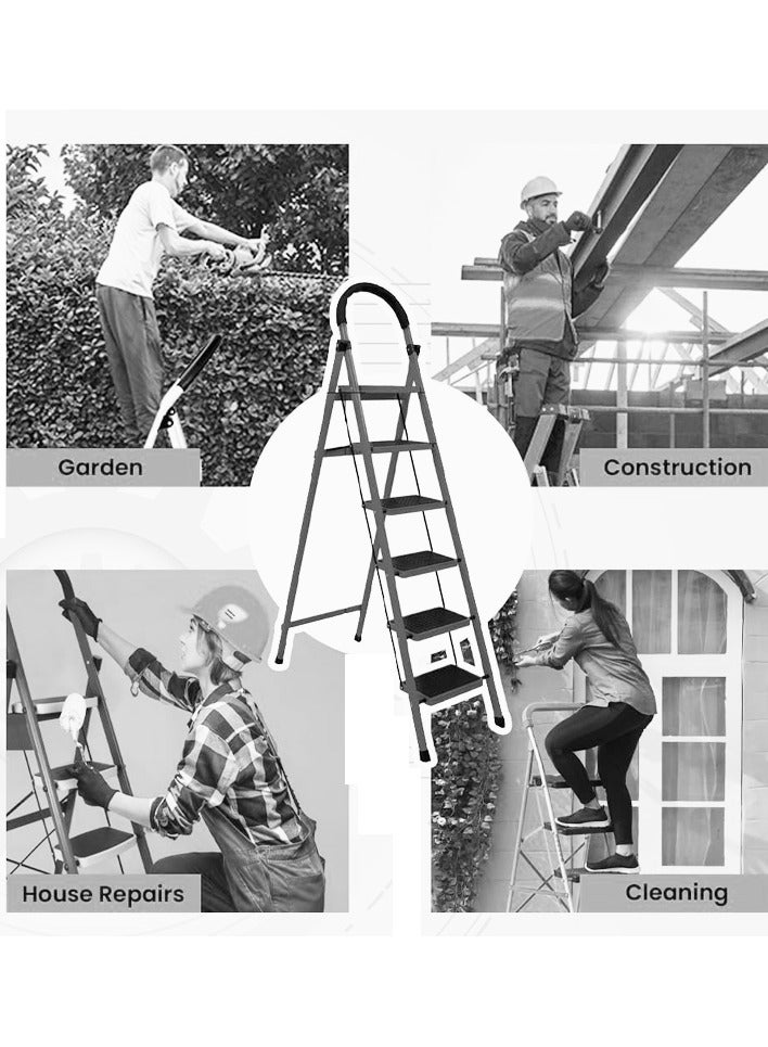القادة سلم معدني قابل للطي، مكون من 6 درجات، رمادي، 187×44 سم، دواسات عريضة مضادة للانزلاق، قفل أمان، صينية أدوات، سلم طويل متعدد الاستخدامات للاستخدام المنزلي أو المطبخ أو المرآب أو المستودع - Image 3