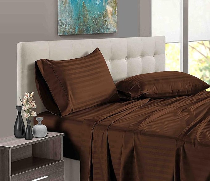 SUPER SOFT COOLING BAMBOO BED SHEET SET 4 PIECE 100 BAMBOO MATERIAL FITS UP TO 8 DEEP POCKET FITTED SHEETHOTEL QUALITY BAMBOO BEDSHEETSCHOCOLATE STRIPEKING SIZE