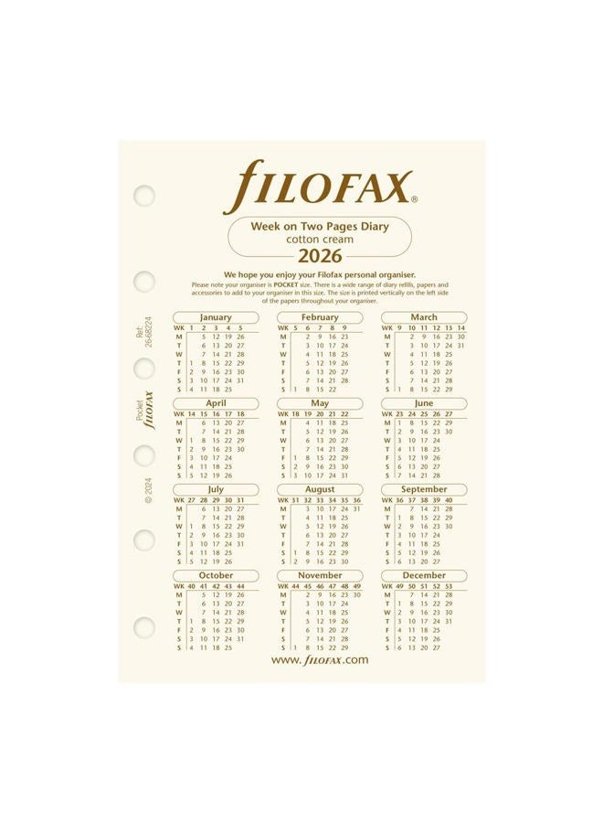 FILOFAX تجديد مفكرة التقويم، بحجم الجيب، عرض أسبوعي، ورق كريمي قطن، غير مخطط، إنجليزي، 2026 (C68224-26) - Image 3
