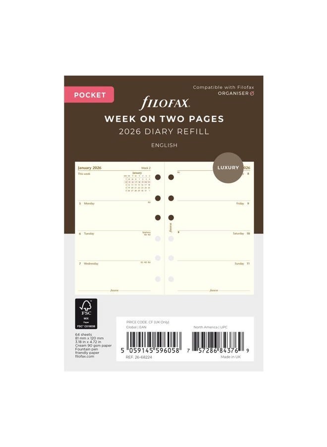 FILOFAX تجديد مفكرة التقويم، بحجم الجيب، عرض أسبوعي، ورق كريمي قطن، غير مخطط، إنجليزي، 2026 (C68224-26) - Image 2