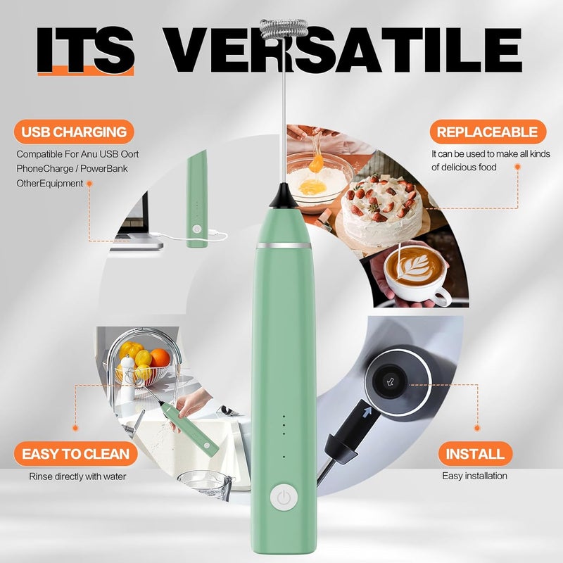 Laposso Milk Frother Rechargeable Handheld Electric Whisk Coffee Frother Mixer with 2 Stainless whisks 3 Speed Adjustable Foam Maker Blender for Coffee Matcha Latte Cappuccino(Avocado Green) - Image 5