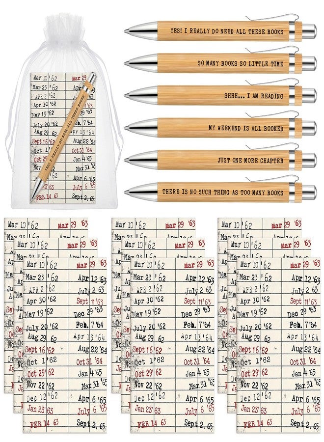 Sayglossy 8 Sets Book Lovers Gifts Book Club Wooden Ballpoint Pens Library Reading Notebook with Organza Bags Valentines Day Ideas Bookish Gift for Women Librarian Coworker Teacher Student, 6 Styles - Image 1