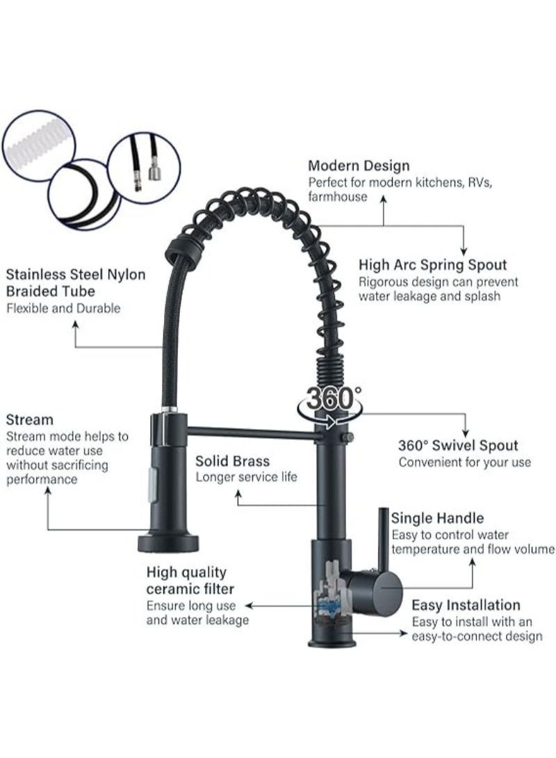 Black Kitchen | Tap Sink Mixer | tap with Solid Brass | Commercial Single Handle | Single Hole | Pull Down Swivel | Sprayer Mixer | Tap Cold and hot Fittings | UK Standard - Image 4