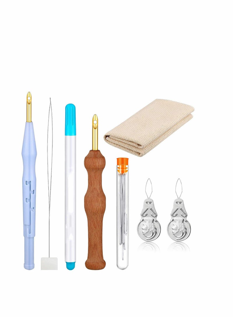 KASTWAVE 17 Pieces Punch Needle Embroidery Kits, Adjustable Rug Yarn Punch Needle, Wooden Handle Embroidery Pen, Needle Threader, Punch Needle Cloth for Embroidery Floss Cross Stitching Beginners - Image 1