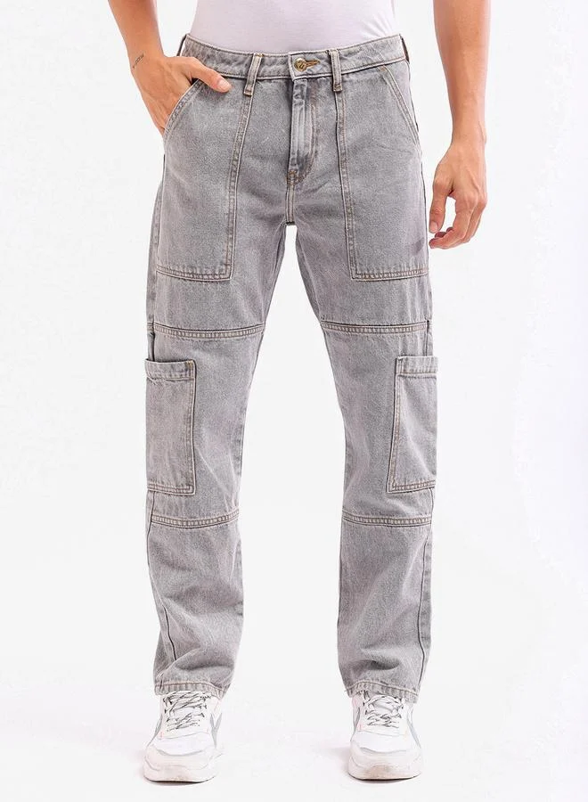 The Indian Garage Co Men Grey Mid Wash Cargo Jeans