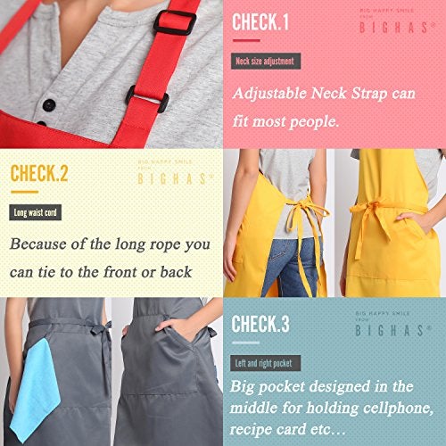 BIGHAS Adjustable Bib Apron with Pocket Extra Long Ties for Women Men, 18 Colors, Chef, Kitchen, Home, Restaurant, Cafe, Cooking, Baking (White) - Image 4