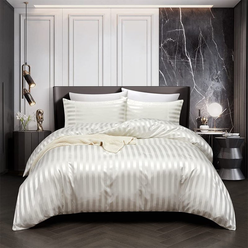 RevenRella 3 Piece Satin Duvet Cover Set Bedding Sets Italian Style 1800 Series Luxury Rich Silk Silky Super Soft Stripes Hidden Zipper Closure Reversible Wrinkle Free HoneymoonOff White Queen