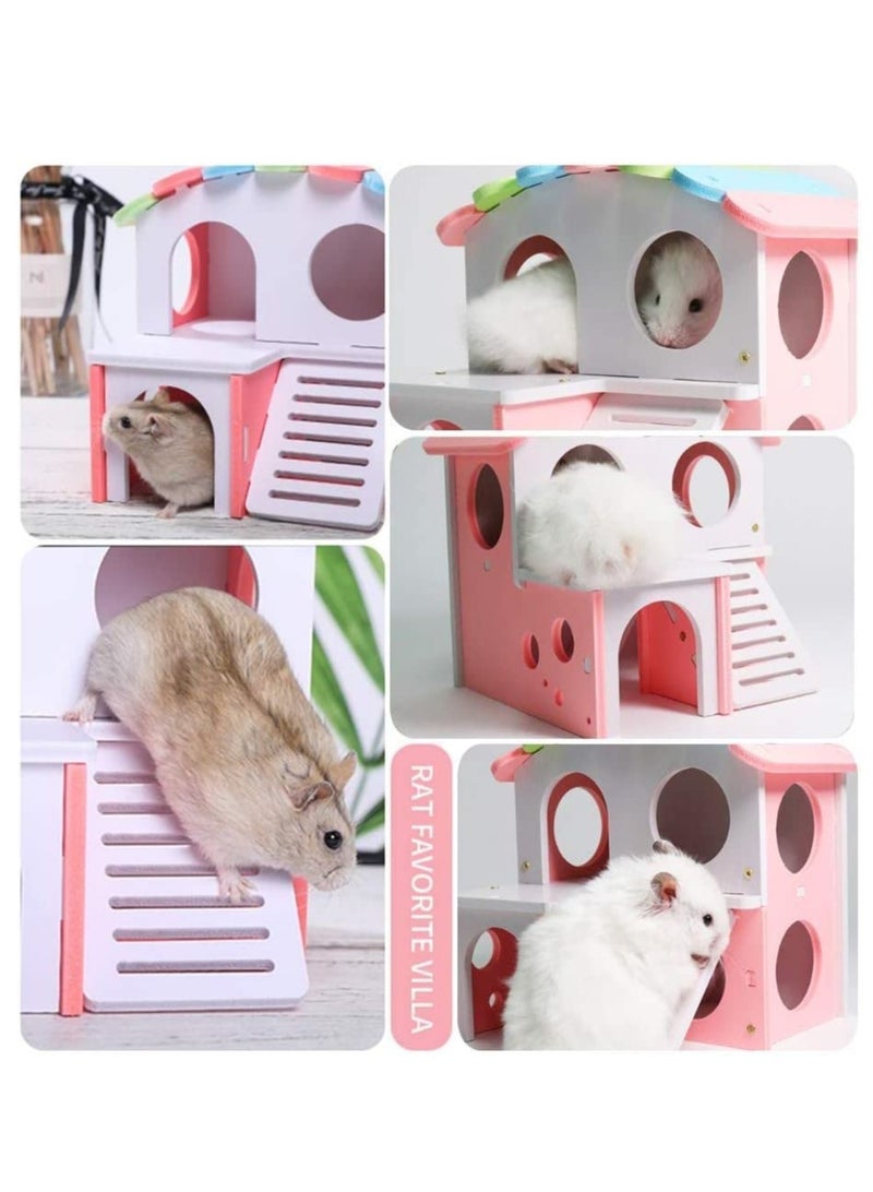 Zikra Wooden Hamster House, Hamster Hideout House with Stair Exercise Toys, Small Animal Pet Play House, Dual-layer Hamster Villa with Hamster Ladder(Pink) - Image 3