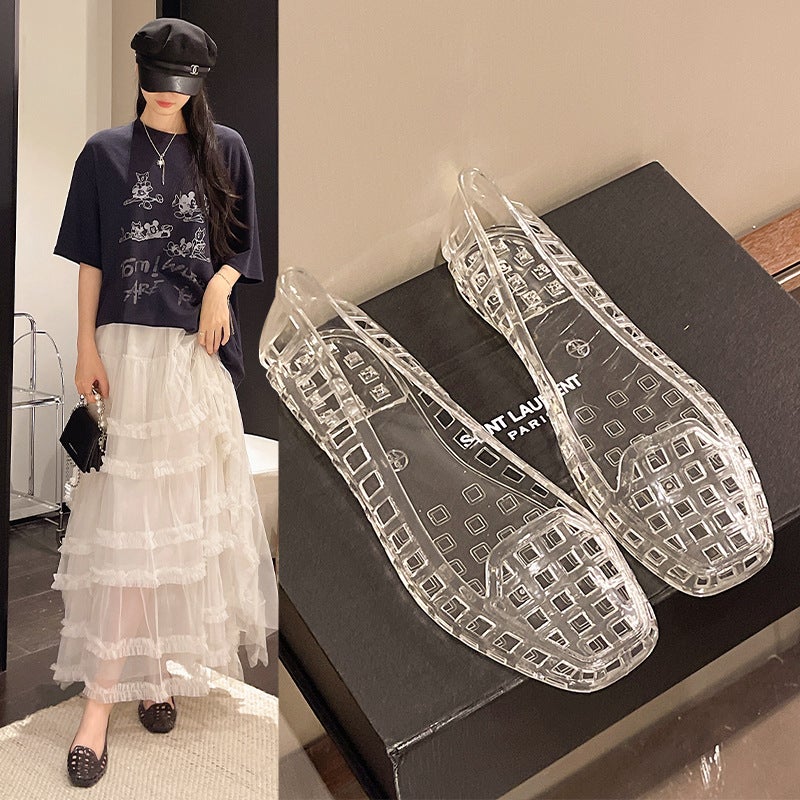 Women's Crystal Jelly Flat Sandals, Square Toe, Slip-on, Breathable - Image 1