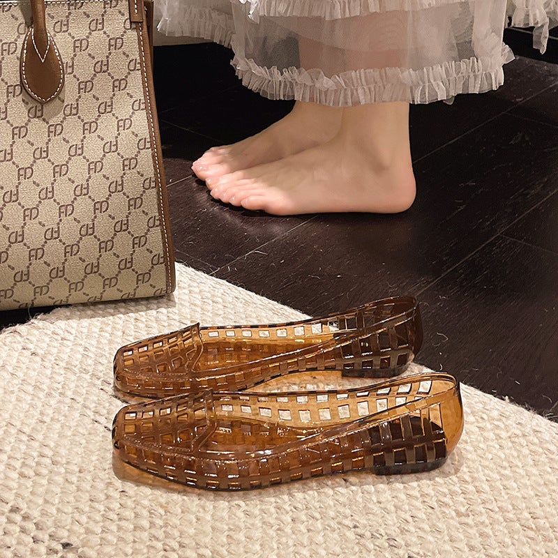 Women's Crystal Jelly Flat Sandals, Square Toe, Slip-on, Breathable - Image 4