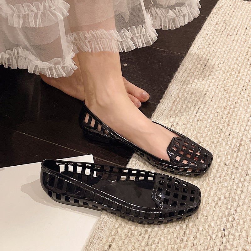 Women's Crystal Jelly Flat Sandals, Square Toe, Slip-on, Breathable - Image 2