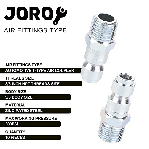 JOROY 3/8 Air Compressor Hose Fittings, Automotive T-Type, 3/8 Inch NPT Male Threads Size, Steel Material, 10 Pieces Air Plug Set - Image 2