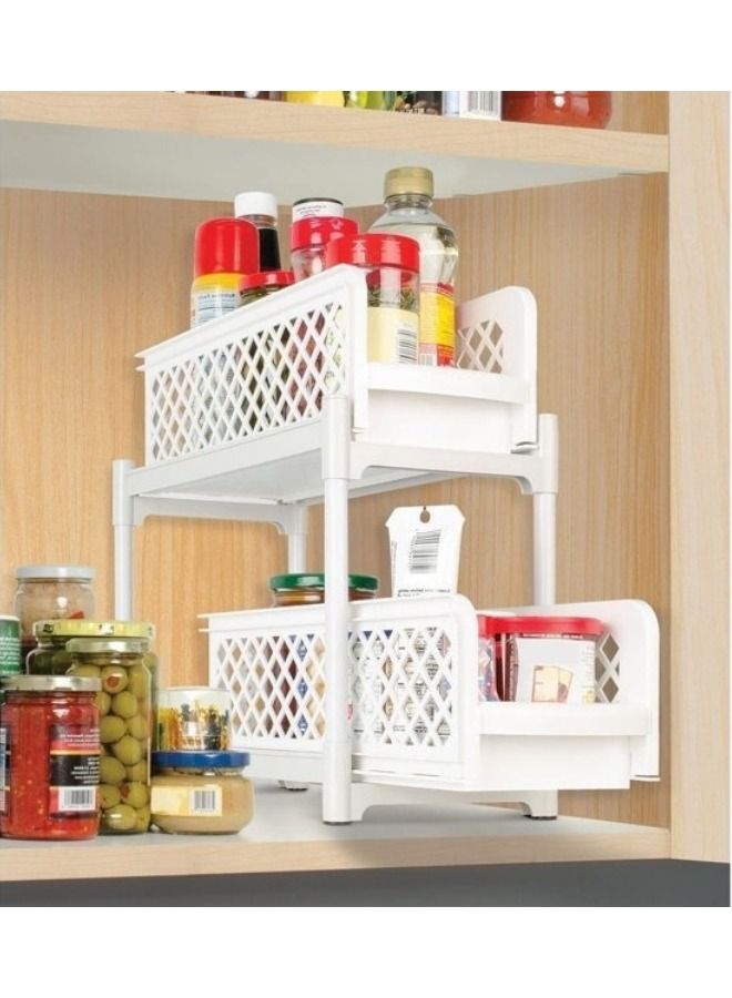 Under Sink Sliding Shelf Two Tier White Kitchen Tool Storage Organizer Pull Out Bathroom Multifunctional Storage  - Image 1