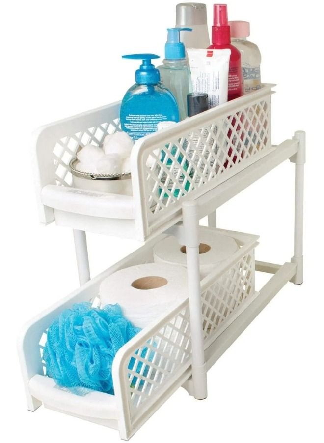 Under Sink Sliding Shelf Two Tier White Kitchen Tool Storage Organizer Pull Out Bathroom Multifunctional Storage  - Image 2