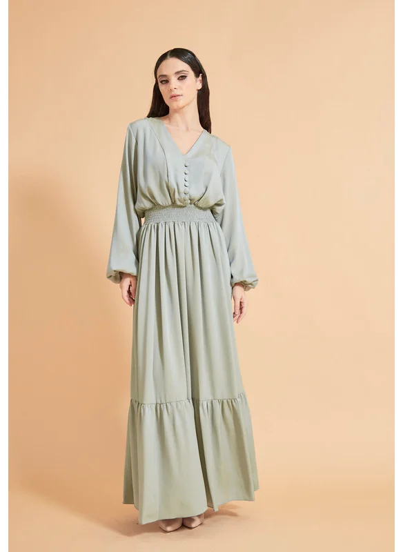 ذوق Tiered Long Sleeve Shirred Waist Maxi Dress