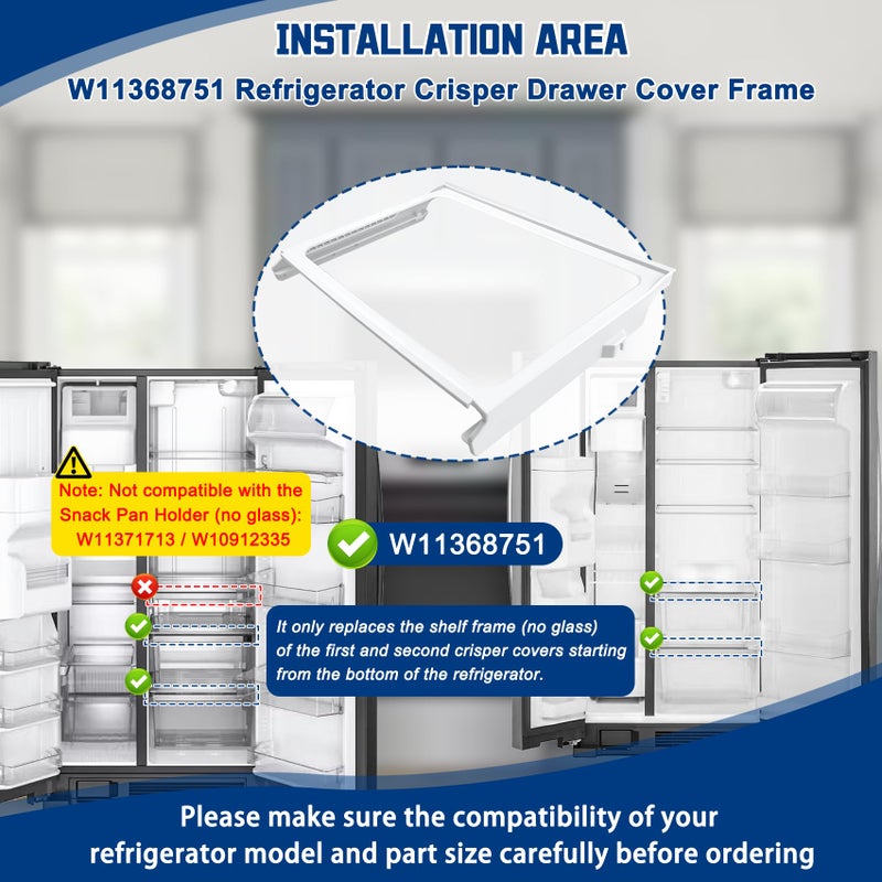 Garsoo W11368751, W10905531 Refrigerator Shelf Frame(no glass) Compatible with whirlpool, kenmore, amana, maytag and ikea (some models), Crisper Drawer Cover Frame Replacement: W10904001, AP6888387, 4929301 - Image 3