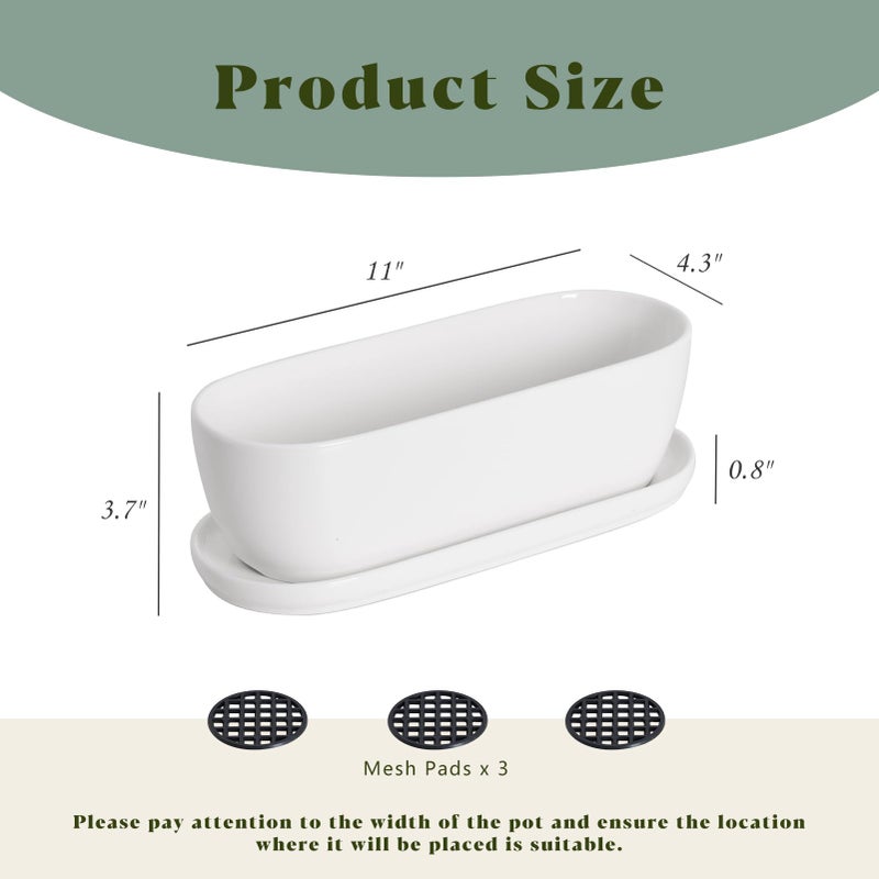 E-liu Oval Ceramic Planter Pot with Drainage Hole Saucers 11 Inch Succulents Planter Home Decor for Indoor Outdoor Plants Herb Cactus with 3 Mesh Pads, Plants Not Included - Image 2