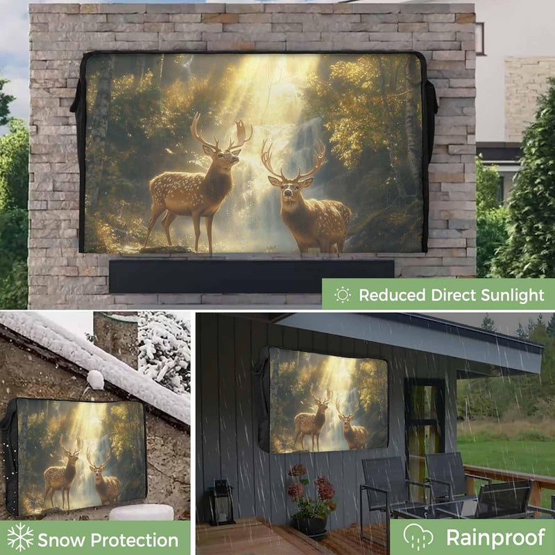 Fantasy Forest Animal Waterproof Outdoor TV Cover, Vintage Deer Lakes Creek Water Outside Weatherproof TV Enclosures for 80 to 85 Inch LCD Television Shield Flat Screen Protectors - Image 3