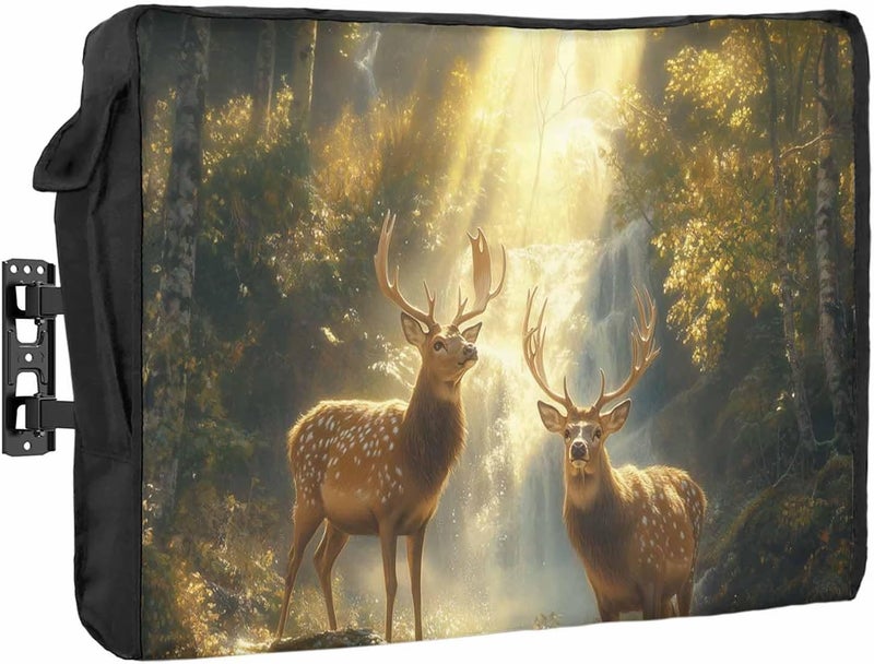 Fantasy Forest Animal Waterproof Outdoor TV Cover, Vintage Deer Lakes Creek Water Outside Weatherproof TV Enclosures for 80 to 85 Inch LCD Television Shield Flat Screen Protectors - Image 1