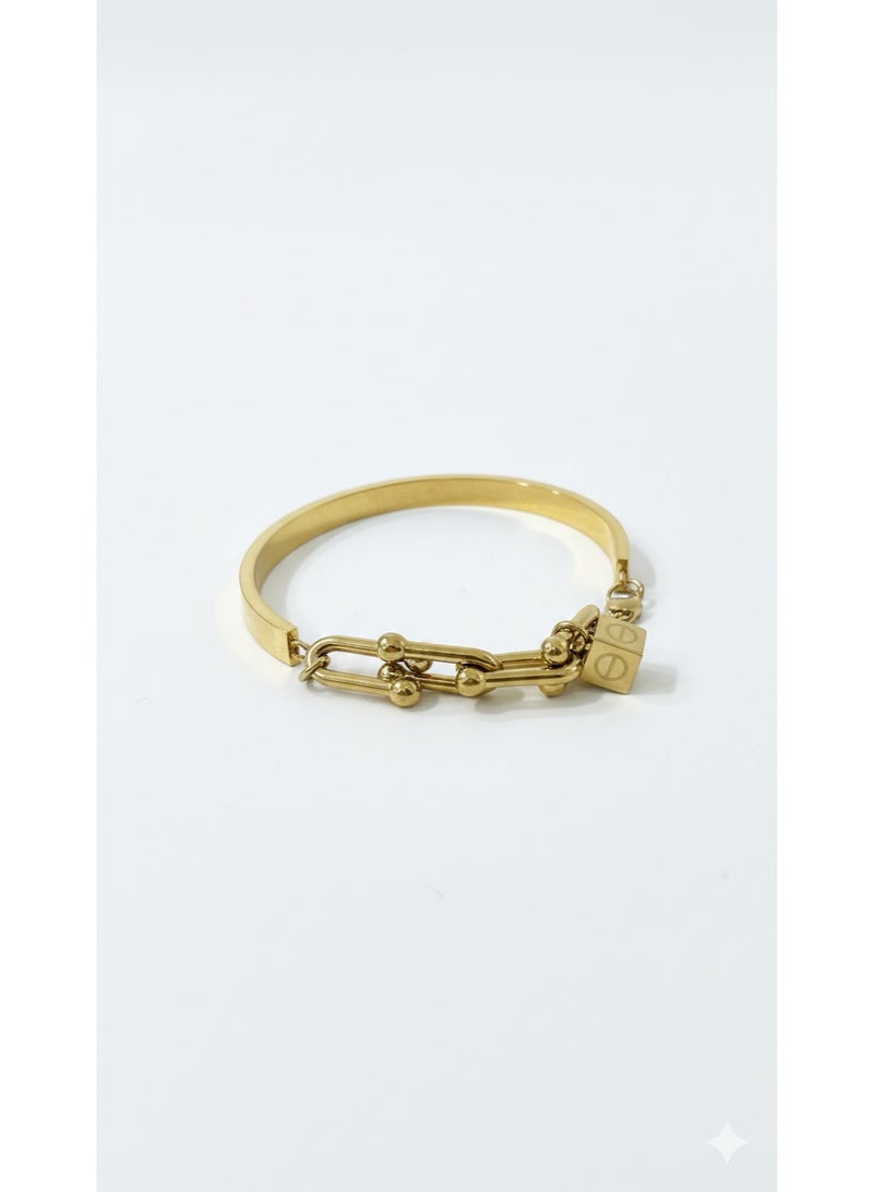 Women's Gold Plated Stainless Steel Bangle with Modern Link Chain Design and Cube Charm - Gold Color - Image 2
