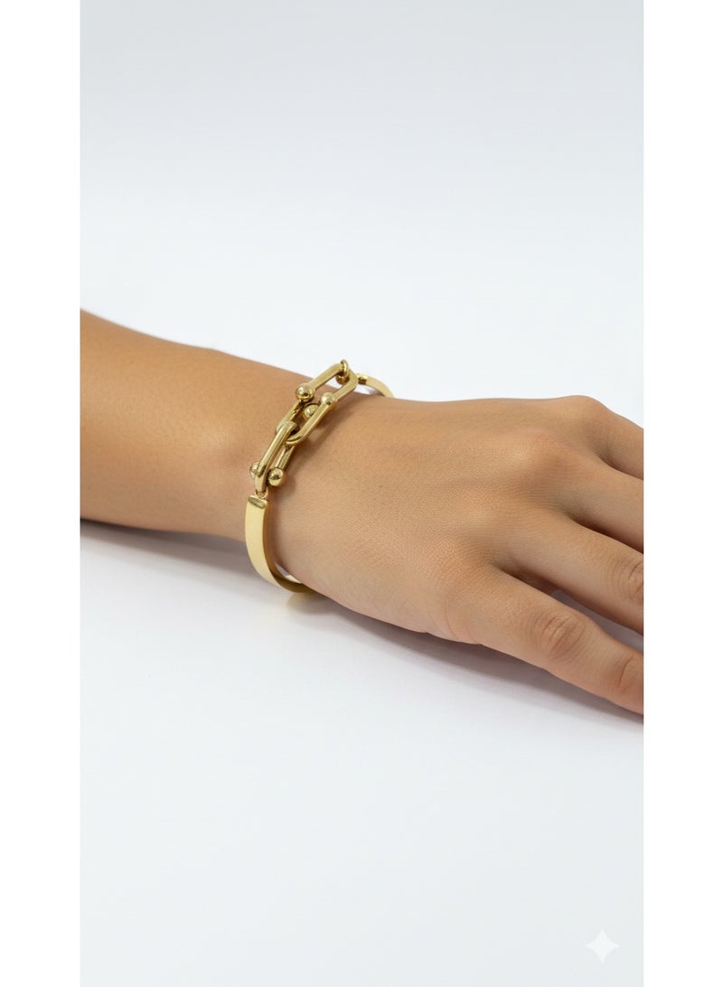Women's Gold Plated Stainless Steel Bangle with Modern Link Chain Design and Cube Charm - Gold Color - Image 1