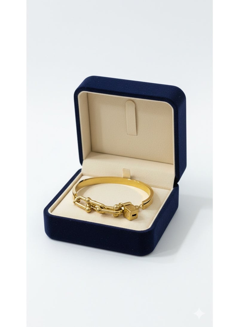 Women's Gold Plated Stainless Steel Bangle with Modern Link Chain Design and Cube Charm - Gold Color - Image 3