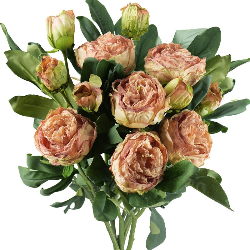 FiveSeasonStuff Vintage Dusty Coral Pink Peonies  Realistic Artificial Silk Flowers with DryLook Petals 6 Stems for Rustic Antique Home  Wedding Bridesmaids Bouquet Bridal Showers