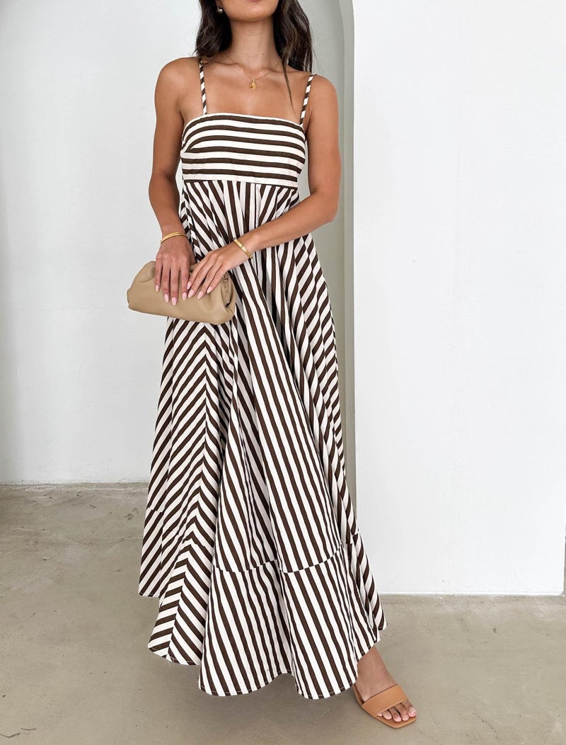 KMBANGI Women Striped Sleeveless Maxi Dress Swing Cutout Midi Dress Backless Smocked Spaghetti Strap Boho Flowy Long Sundress(Brown Stripes,L) - Image 3
