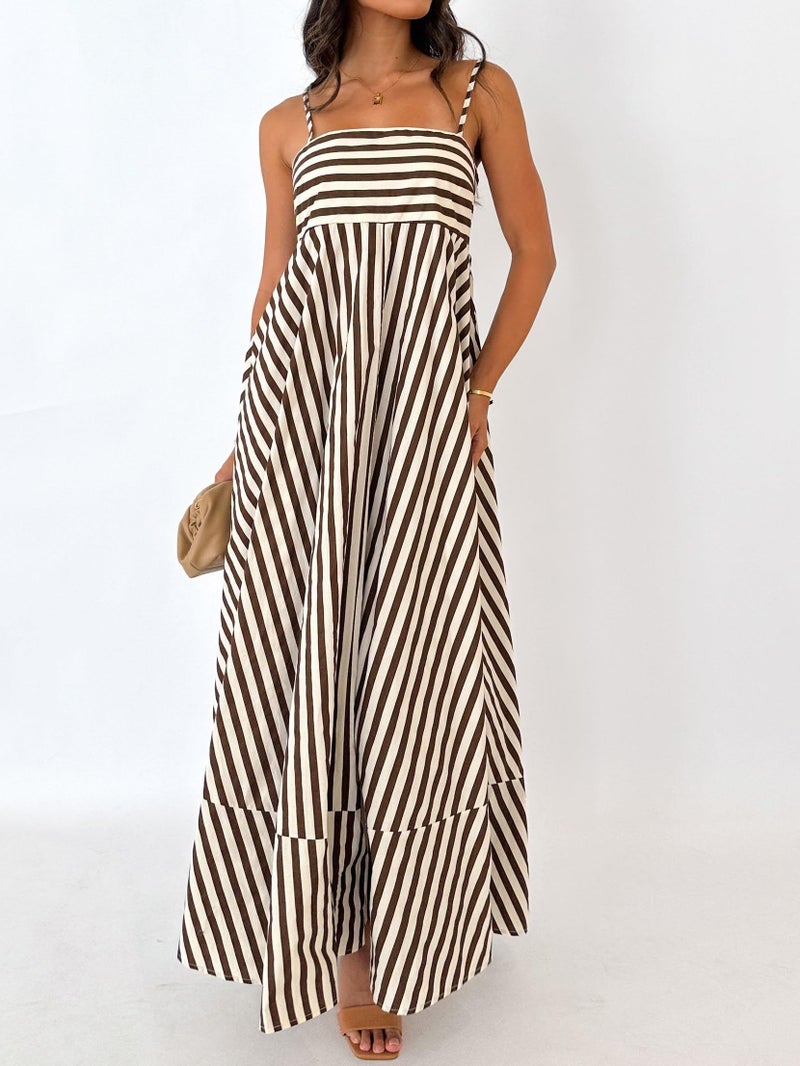 KMBANGI Women Striped Sleeveless Maxi Dress Swing Cutout Midi Dress Backless Smocked Spaghetti Strap Boho Flowy Long Sundress(Brown Stripes,L) - Image 5