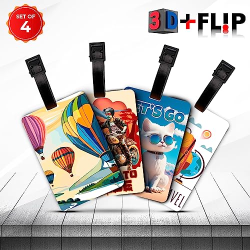 Ultra 3D Lenticular Luggage/Bag/Travel Id Label Tags For Suitcase & School Bags | Set Of 4 | Air Balloon + Ride + Let's Go Cat + Time To Travel Theme, 4 Labels - Image 3