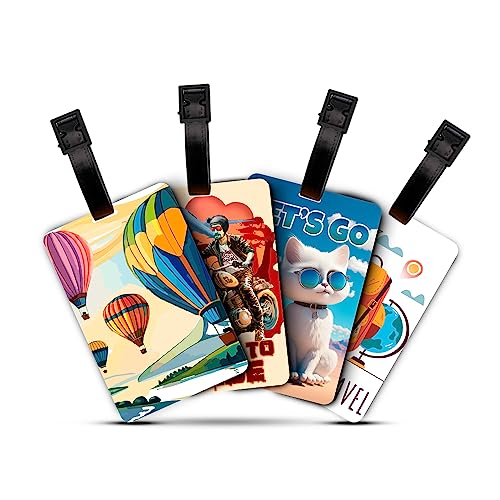 Ultra 3D Lenticular Luggage/Bag/Travel Id Label Tags For Suitcase & School Bags | Set Of 4 | Air Balloon + Ride + Let's Go Cat + Time To Travel Theme, 4 Labels - Image 1