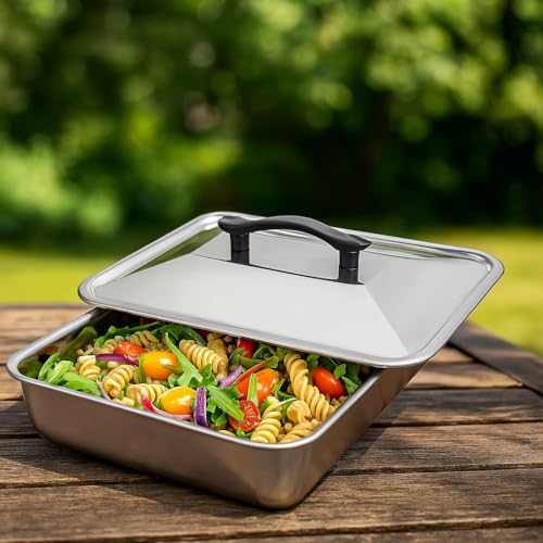 Snevad Stainless Steel Baking Pan with Lid – Heavy Duty Rectangular Oven Tray, Square Grill Plate & Basting Cover Set for Flat Top Griddle, Cheese Melting Dome, Buffet & Steaming Use – Multiple Sizes - Image 5