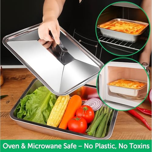 Snevad Stainless Steel Baking Pan with Lid – Heavy Duty Rectangular Oven Tray, Square Grill Plate & Basting Cover Set for Flat Top Griddle, Cheese Melting Dome, Buffet & Steaming Use – Multiple Sizes - Image 3