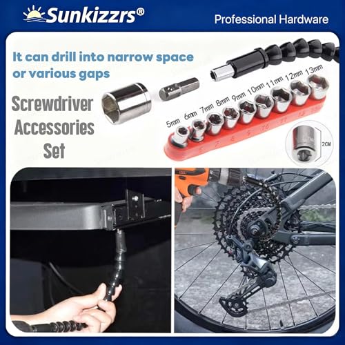 Sunkizzrs® 21-Pcs Flexible Screwdriver Accessories — Flexible Drill Bit Extension — 9 in 1 Drive Hex Socket Set (5mm-13mm) — 11 in 1 Screwdriver Bit Set with 1/4" Extension Bit Holder - Image 5