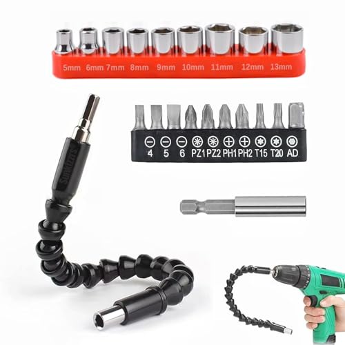 Sunkizzrs® 21-Pcs Flexible Screwdriver Accessories — Flexible Drill Bit Extension — 9 in 1 Drive Hex Socket Set (5mm-13mm) — 11 in 1 Screwdriver Bit Set with 1/4" Extension Bit Holder - Image 1