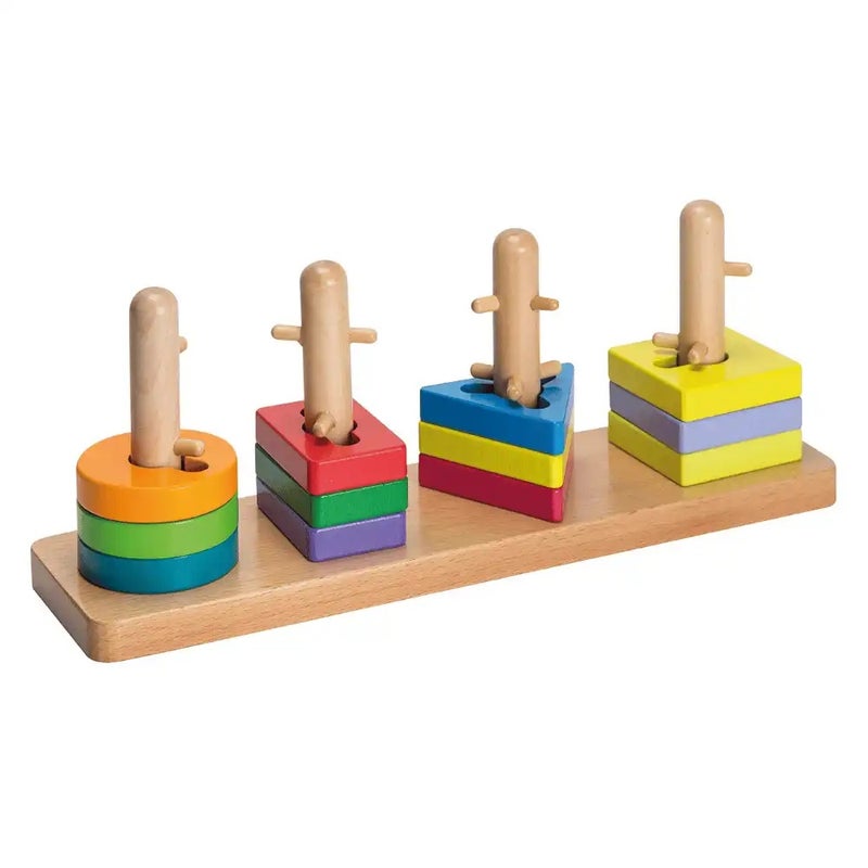 Four Geometrical Shaped Wooden Stacker Puzzle Educational Game Toys- Multi-Color