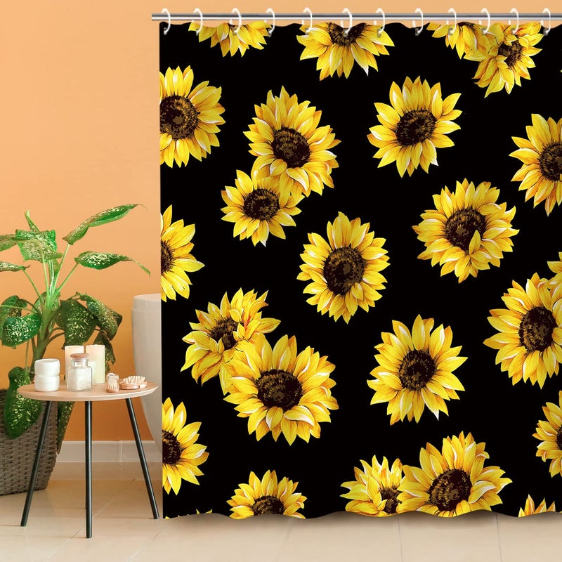 LIVILAN Black Sunflower Shower Curtain Floral Bathroom Curtains 72W x 72H