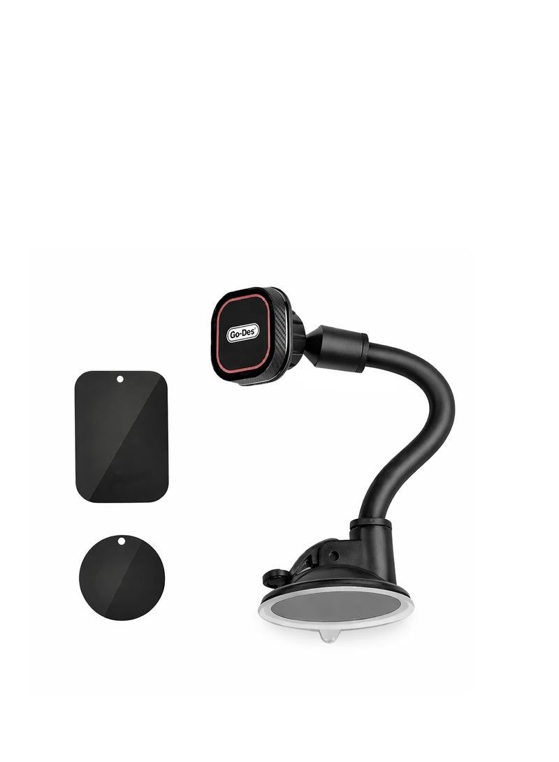 GO-DES Universal Magnetic Car Phone Holder – 360° Rotation, Strong Suction Cup Mount, Adjustable Arm, One-Handed Operation, Compatible with iPhone, Samsung, and Other Smartphones – Secure Dashboard and Windshield Phone Mount for Safe Navigation - Image 1