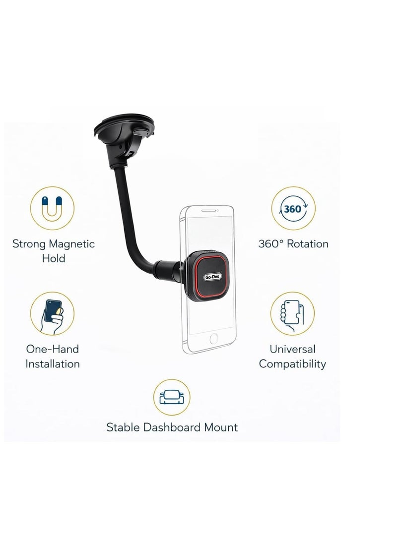 GO-DES Universal Magnetic Car Phone Holder – 360° Rotation, Strong Suction Cup Mount, Adjustable Arm, One-Handed Operation, Compatible with iPhone, Samsung, and Other Smartphones – Secure Dashboard and Windshield Phone Mount for Safe Navigation - Image 3