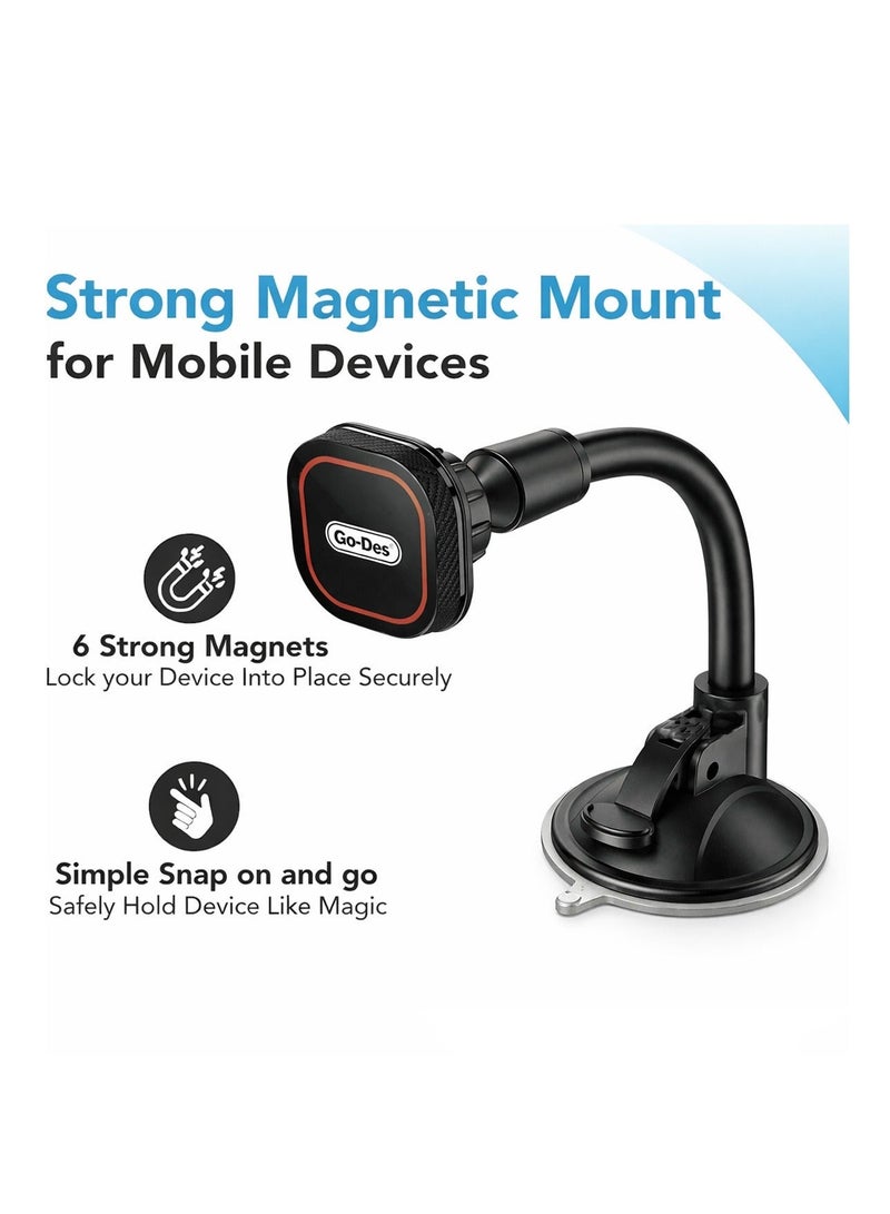 GO-DES Universal Magnetic Car Phone Holder – 360° Rotation, Strong Suction Cup Mount, Adjustable Arm, One-Handed Operation, Compatible with iPhone, Samsung, and Other Smartphones – Secure Dashboard and Windshield Phone Mount for Safe Navigation - Image 4