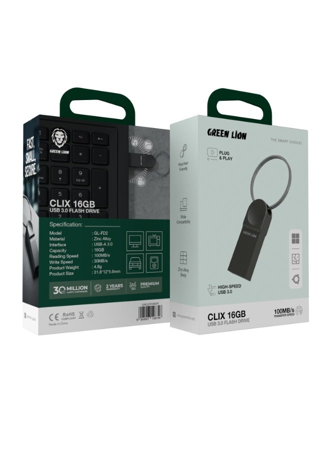 GREEN LION CLIX 16GB USB 3.0 Flash Drive / 100MB/s Read Speed / 30MB/s Write Speed / Zinc Alloy Material / Plug & Play / Anti X-Ray / Wide Compatibility - Grey - Image 2