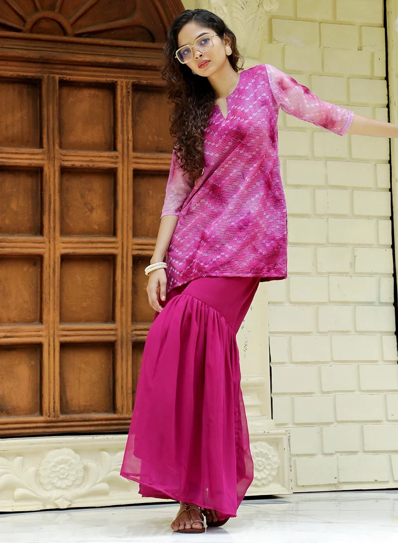 QISSA Women's Plum Purple Tie-Dye Kurti With Palazzo And Dupatta