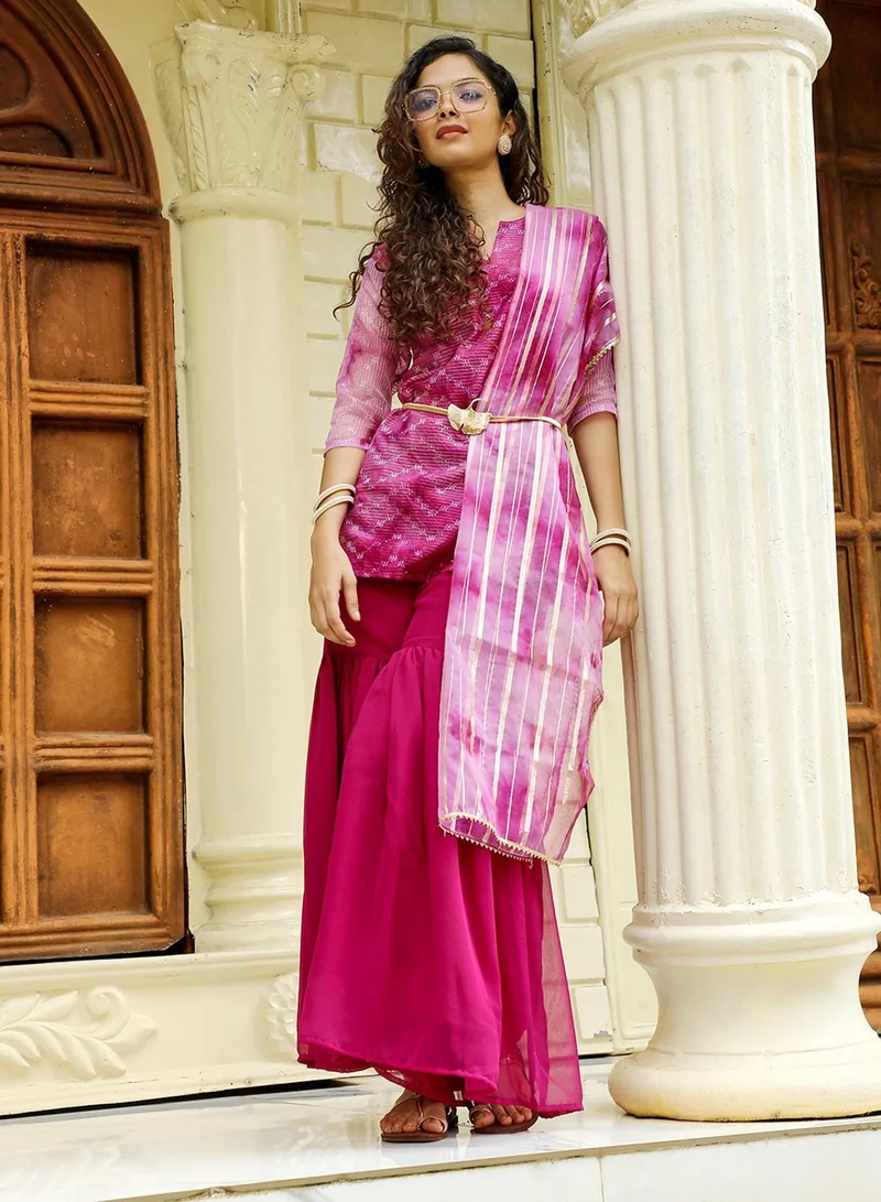 QISSA Women's Plum Purple Tie-Dye Kurti With Palazzo And Dupatta