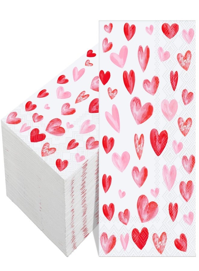 Affrolling 100 Pcs Valentine's Day Paper Napkins 7.87 x 4.33 Pink Red Watercolor Heart Cocktail Napkins 3 Ply Disposable Love Heart Dinner Hand Towels for Romantic Wedding Anniversary Party Supplies - Image 1