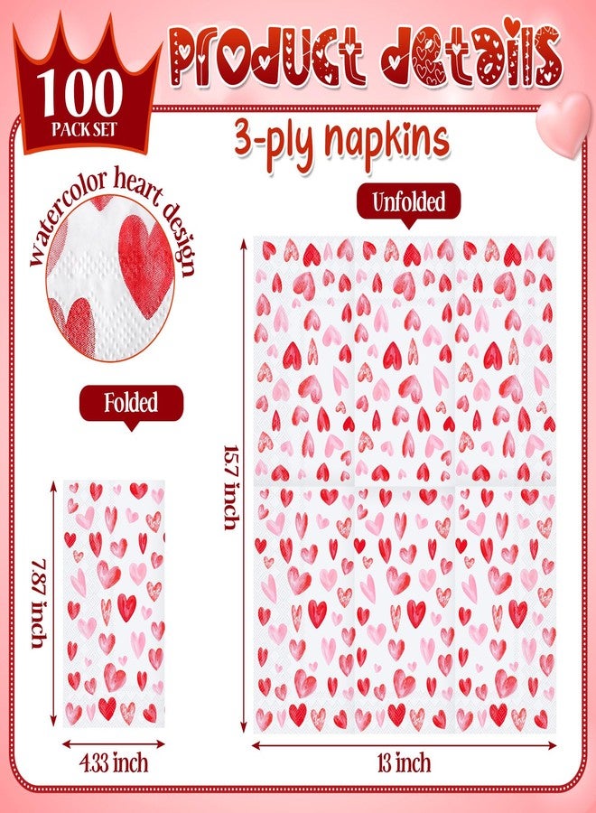 Affrolling 100 Pcs Valentine's Day Paper Napkins 7.87 x 4.33 Pink Red Watercolor Heart Cocktail Napkins 3 Ply Disposable Love Heart Dinner Hand Towels for Romantic Wedding Anniversary Party Supplies - Image 3